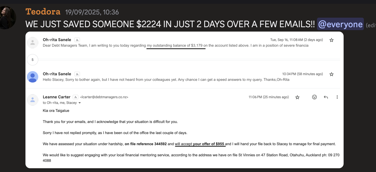 Slack message from Teodora: WE JUST SAVED SOMEONE $2,224 IN JUST 2 DAYS OVER A FEW EMAILS